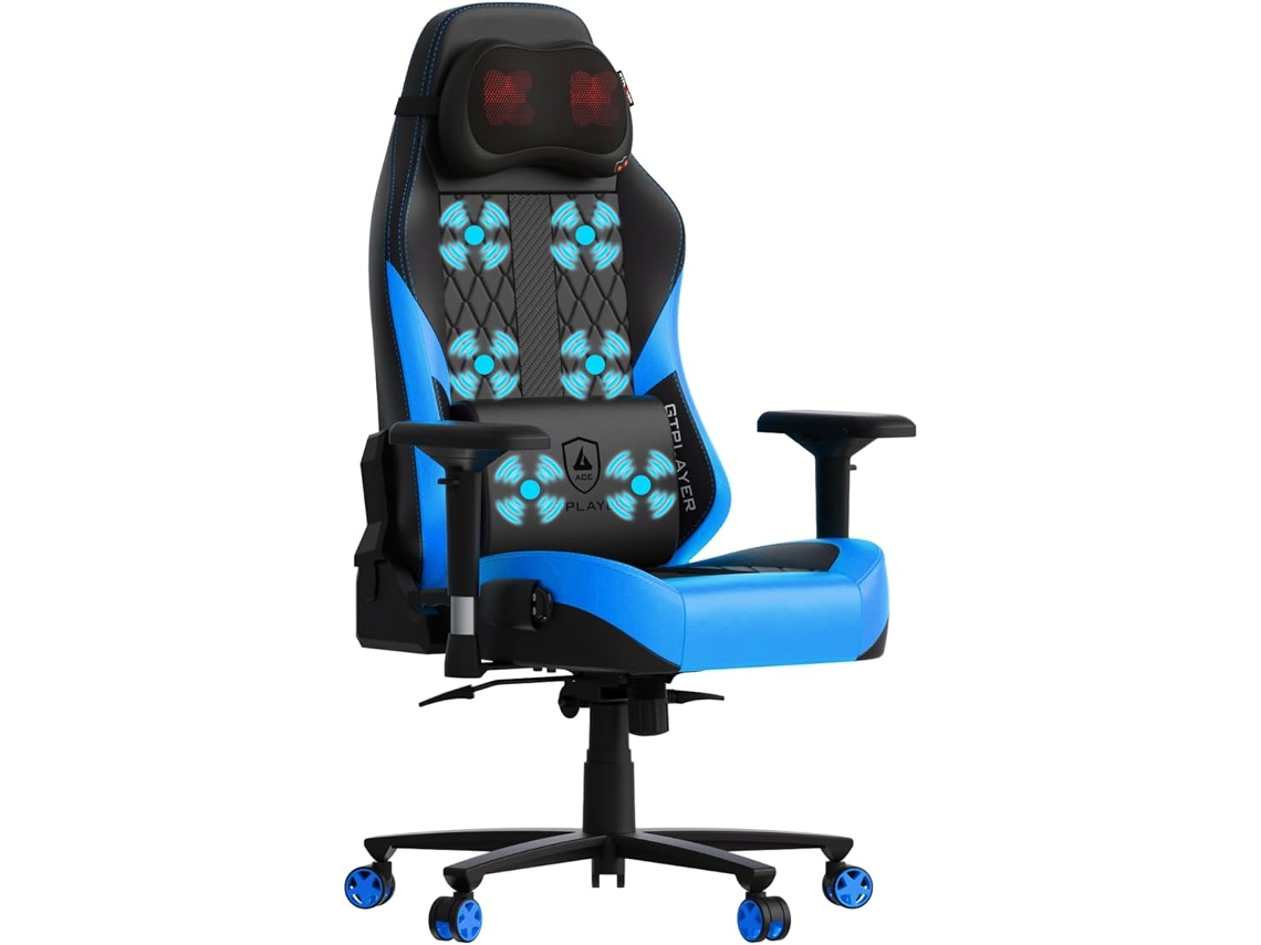 Cadeira Gaming GTPLAYER com Massagem, Cadeira Gaming Ergonómica, Cadeira de Escritório, Apoios de Braços 4D, Cadeira de Computador, Encosto Azul