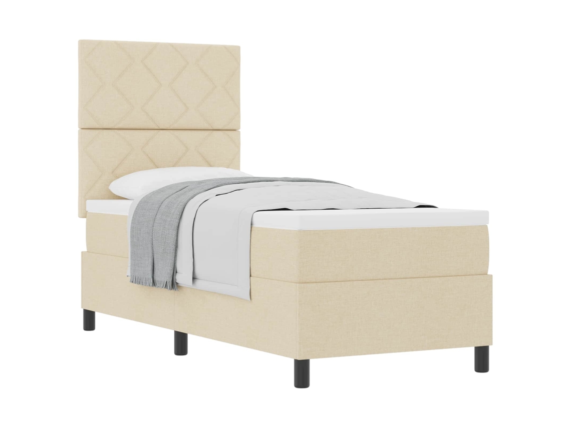 Cama De Solteiro | Camas Para Quarto | Cama Box Com Colchão Com Cabeceira Creme 80 X 200 Cm Tecido