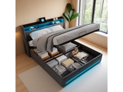 Cama De Casal 140 X 200 Cm, Cama Com Arrumação Hidráulica, Estofos Em Led, Faixas De Luz Na Cabeceira E Nos Pés Da Cama, Tecido De Linho, Cinzento