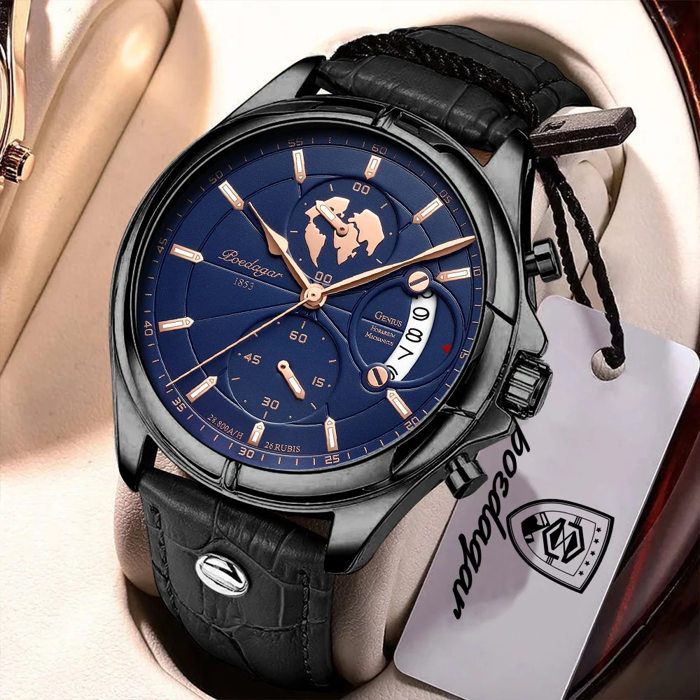 Relógio masculino Original Luxo (preto e azul) com cronógrafo e indicador de dados, em Prova D'água.