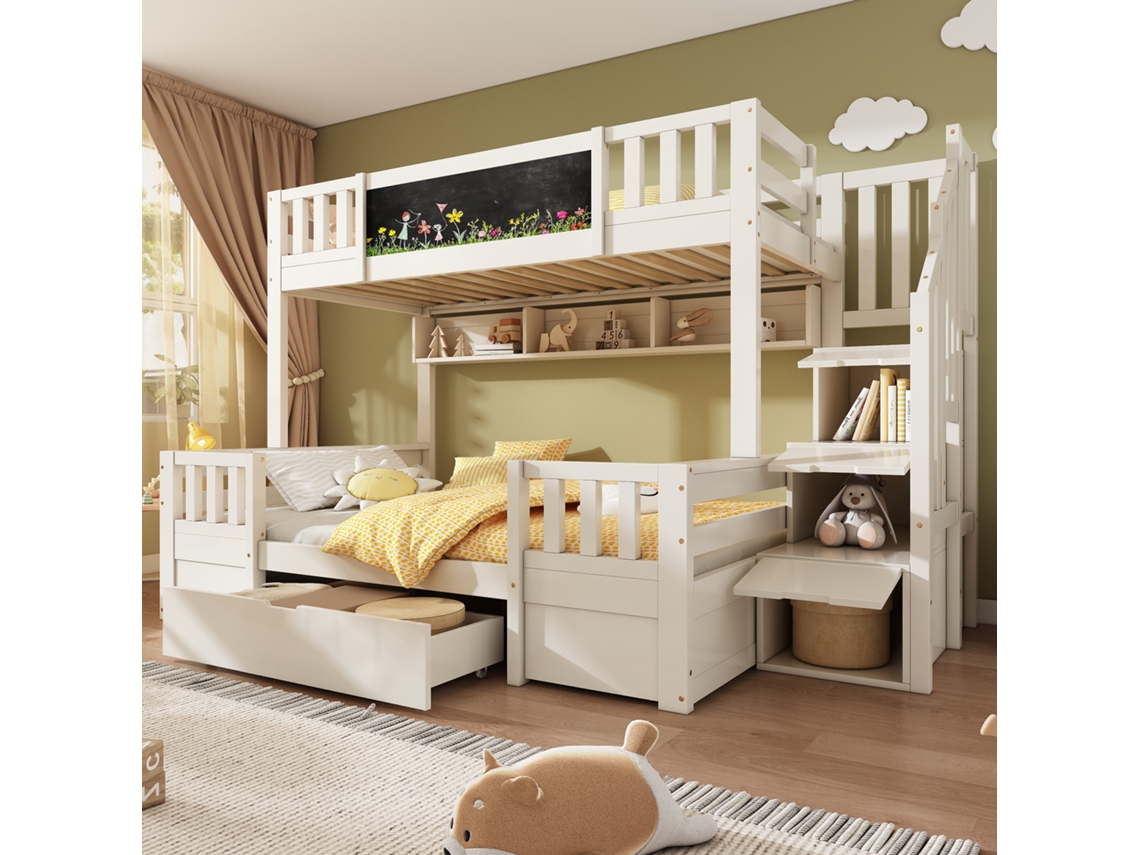 Beliche triplo 90x200 e 140x200 cm em madeira maciça com lousa, escada com armazenamento, branco VSOGA