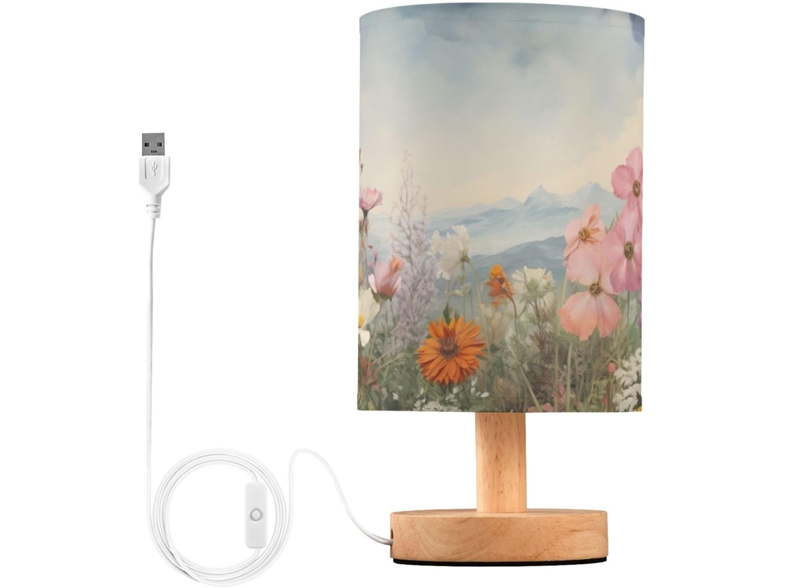 Luminária de cabeceira LED com portas USB, mesa de leitura para quarto, cúpula Tído e base Madeira, escrivaninha para quarto.