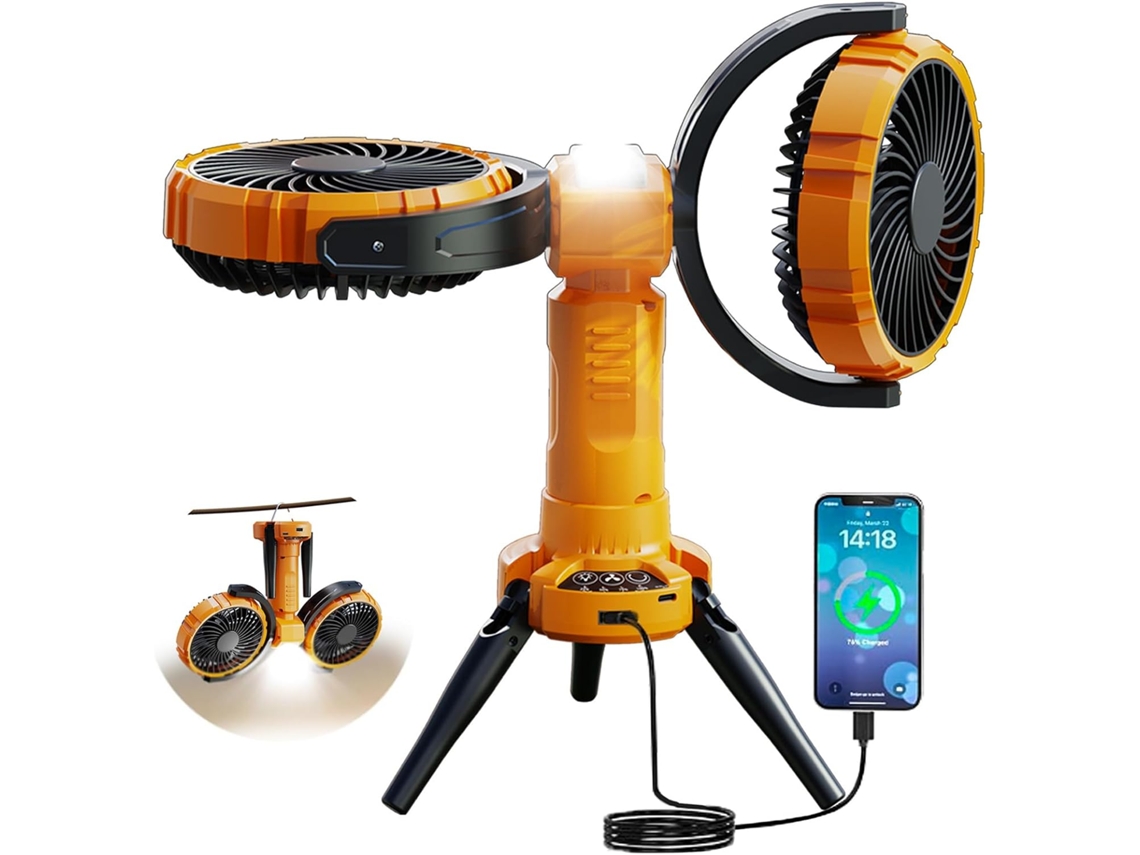 Ventilador De Camping De 8000mah/10000mah Com Luz, Oscilante De 270°, 8000mah, 10000mah, 270°, 360°, Amarelo, Oscilante, Giratório, Recarregável