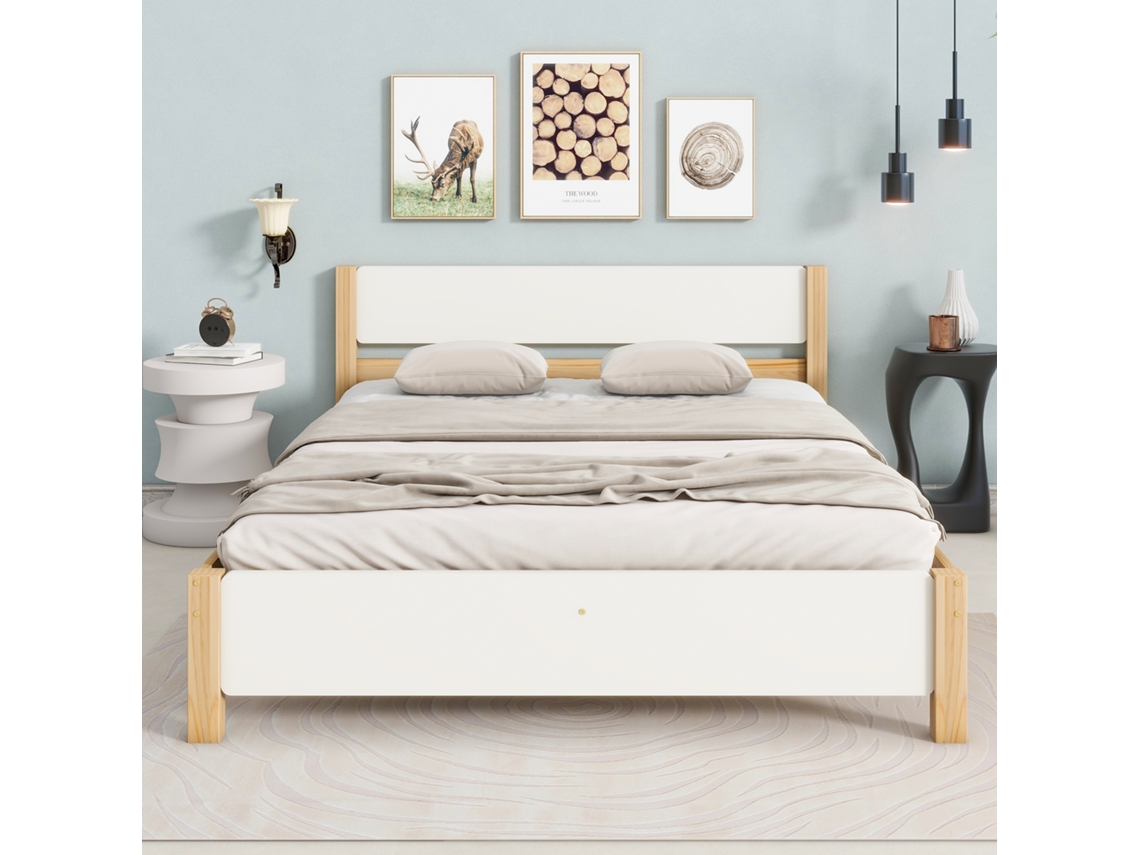 Cama Casal Branca/natural 140x200cm Madeira, Pinho, Cabeceira/pé Mdf. -op