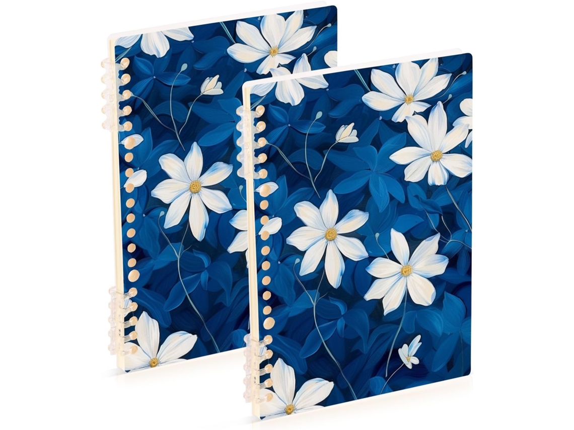 Conjunto de 2 Elegantes Cadernos Espiral, Tamanho A5 , com Estampa Floral Branca e Azul escuro (21,1 X 14,5 Cm)