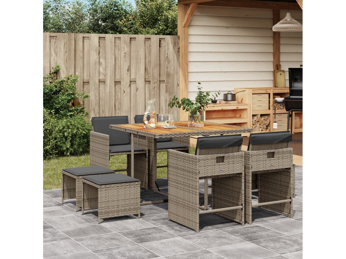 Conjunto 9 Peças Jantar P/ Jardim C/ Almofadões Vime Pe Cinza Dkd Home Decor