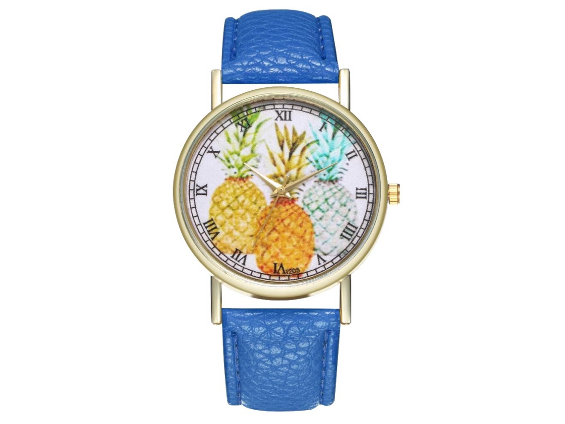 Relógio de pulso unissex de quartzo com pulseira de PU e estampa de abacaxi, mostrador redondo azul royal.