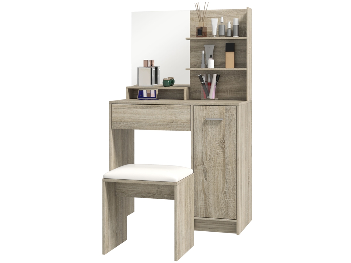 Toucador De Maquilhagem Com Banco Mesa De Com Espelho Prateleiras E Gaveta 80x40x132 Cm Madeira E Bege