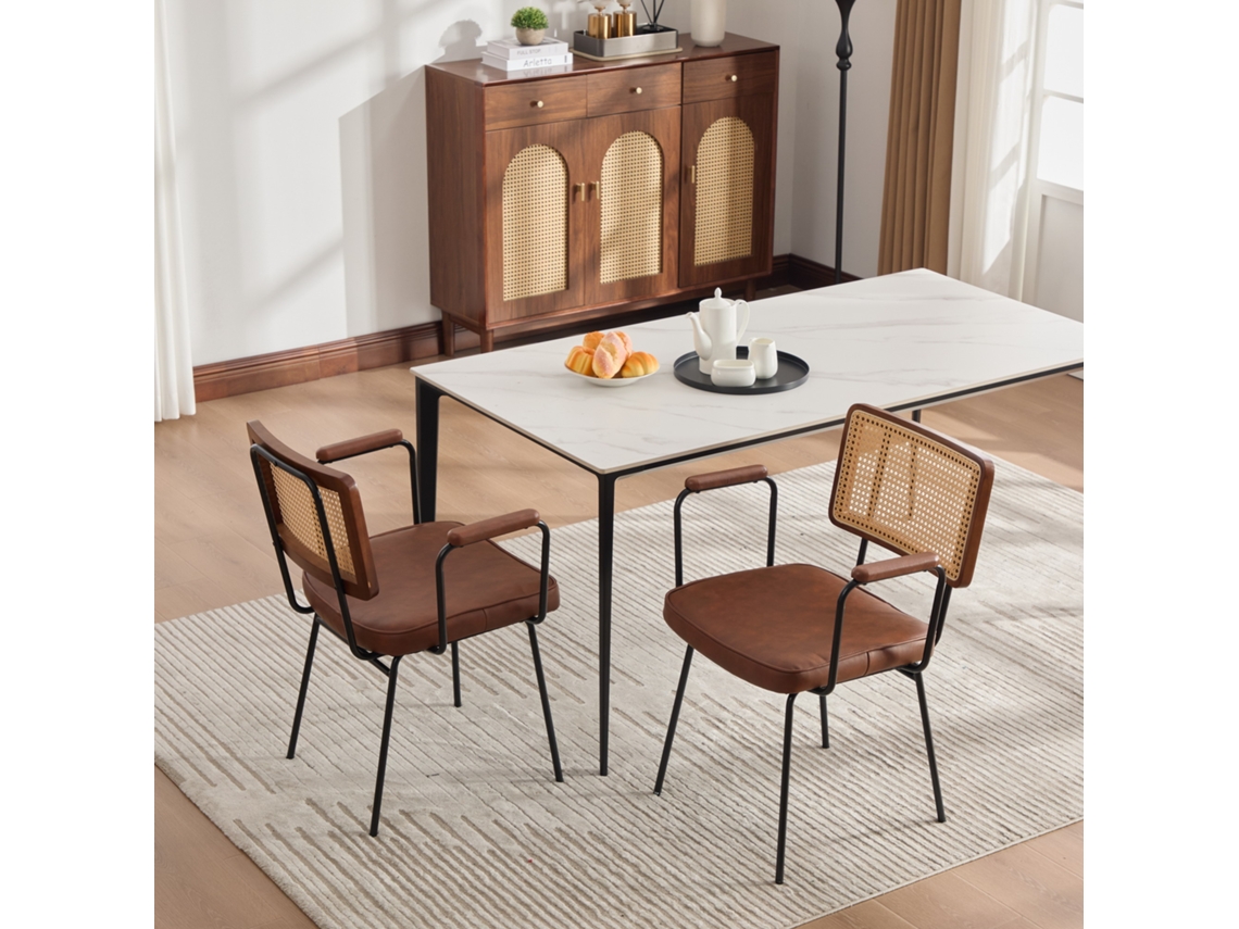 Conjunto 2 Cadeiras Modernas, Pu Couro Vintage, Braços, Estrutura Maciça, Design Rattan, Pés Metálicos Ajustáveis - Marrom.
