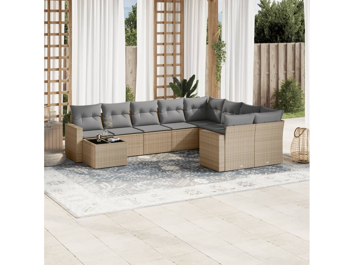 Vidaxl 10 Pcs Conjunto De Sofás P/ Jardim Com Almofadões Vime Pe Bege