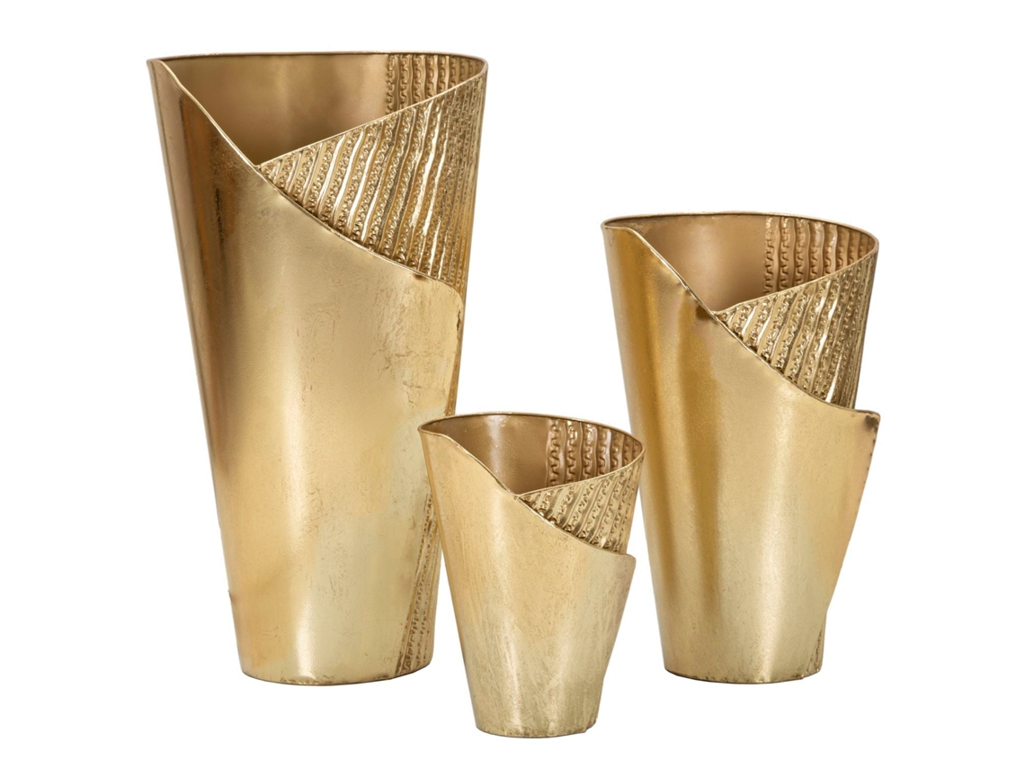 Conjunto De 3 Vasos Metálicos Dourados Flosty - Trio Elegante Com Design Glam Para Plantas 39x42x75 Cm