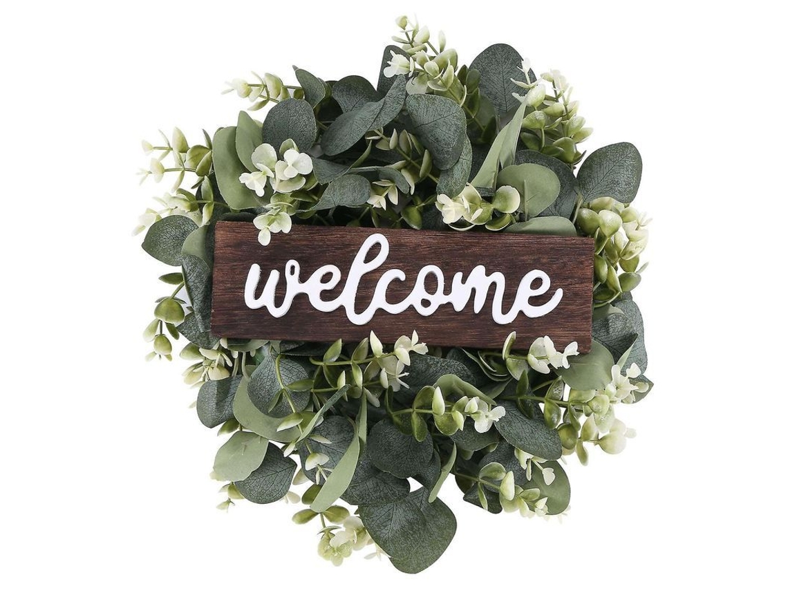 Placa De Boas-vindas Redonda Com Corona De Decoração Em Têxtil E Madeira, 33cm, Verde - Ideal Para Casa De Campo E Entradas Verde