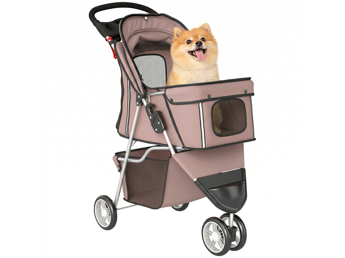Carrinho 4 Rodas Para Cão, Dobrável Com Dossel Ajustável E Cesto Arrumação, 77x44x102cm, Café