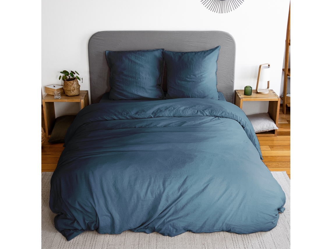 Jogo De Cama Em Microfibra Lavada Azul Meia-noite