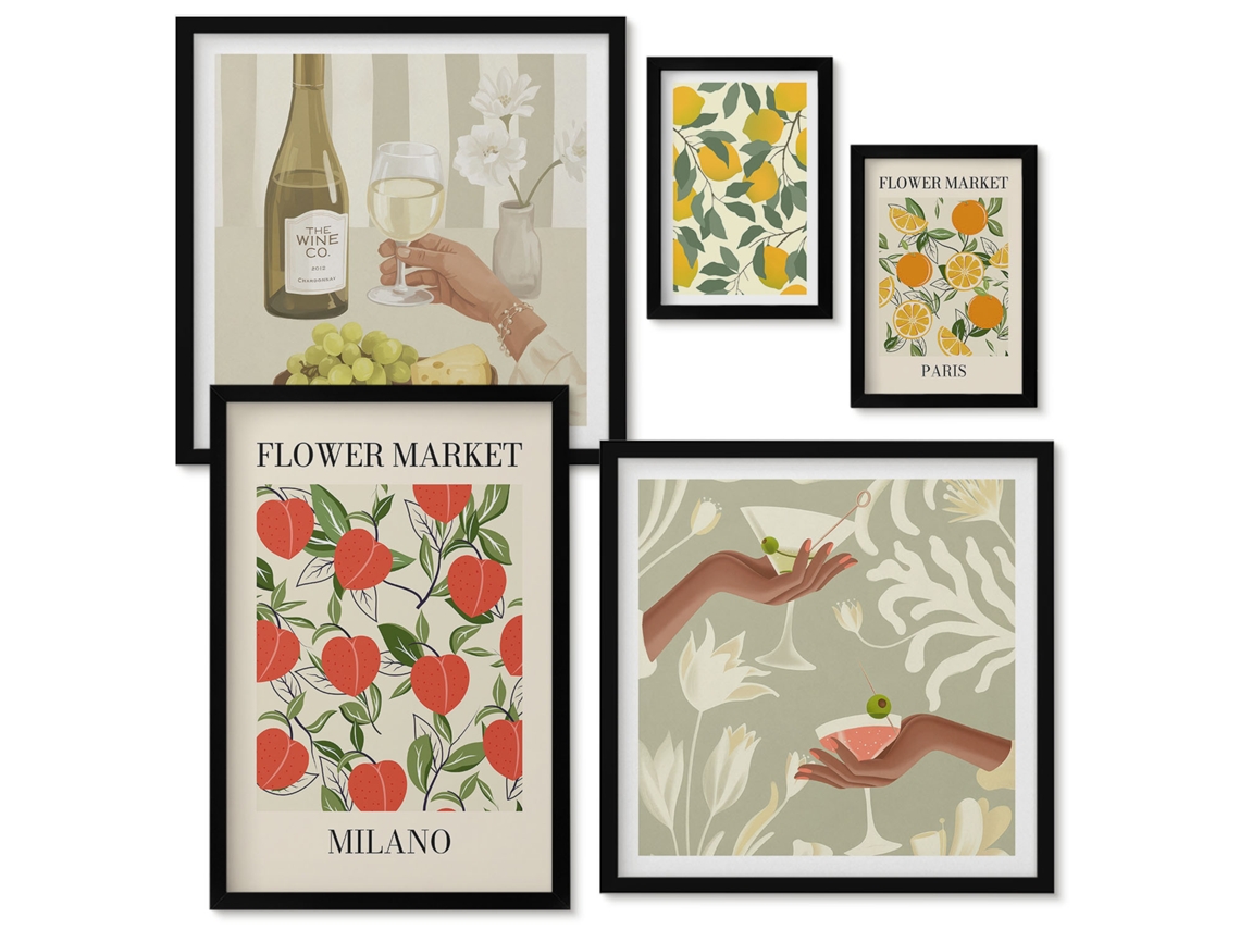Conjunto De Pinturas Limões, Flores, Laranjas, Padrões Moldura Preta Quadros Para A Sala De Estar Espelharte (conjunto De 5 Imagens)
