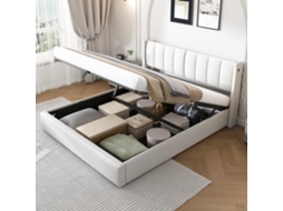Cama Casal Branca 160x200cm Estofada, Pu, Led Binaural, Hidráulica, Usb, Cabeceira Ajustável. -op