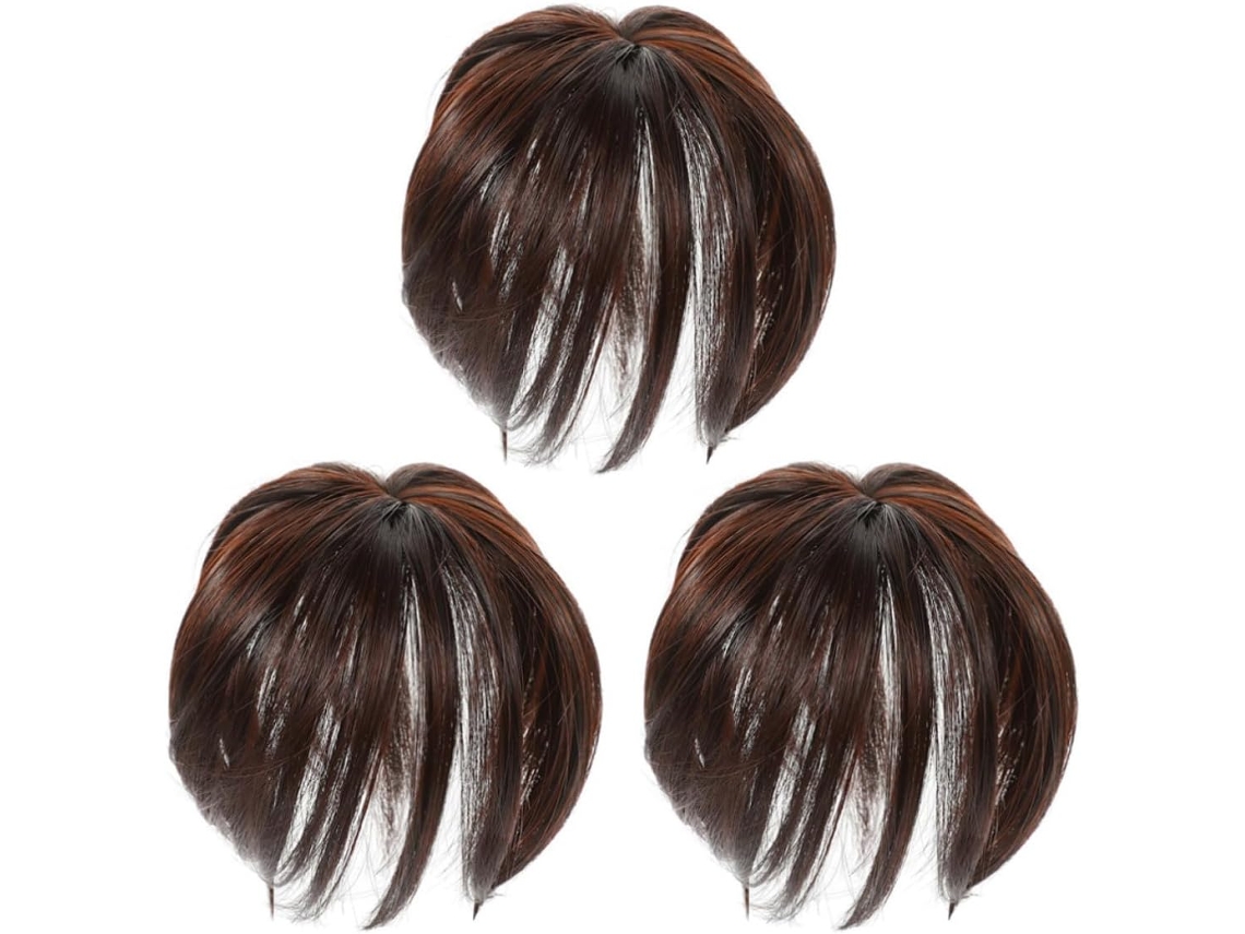 Conjunto de 3 apliques de cabelo em fibra sintética castanha para mulheres, que adicionam volume e estilo.