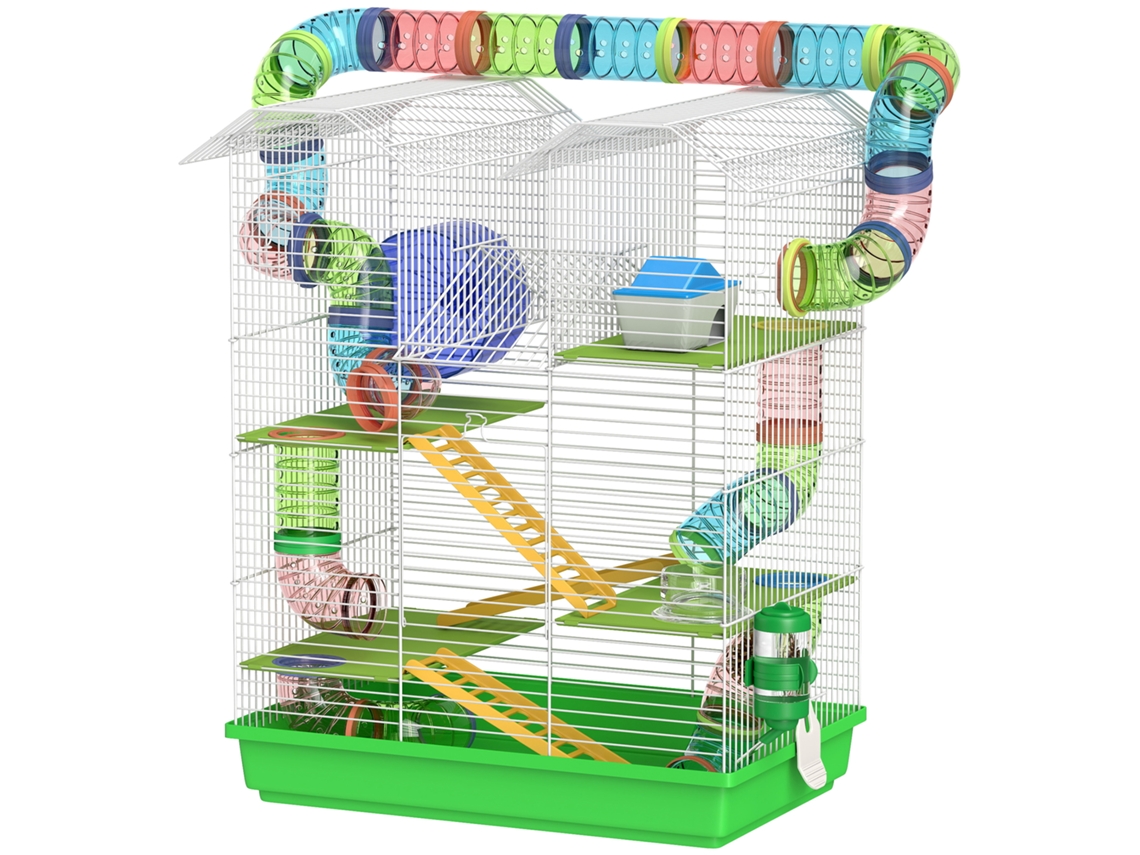Gaiola Para Hamster De 5 Níveis 47x30x59 Cm Com Túneis Tigela Bebedouro Casinha Roda De Exercício Rampas Verde