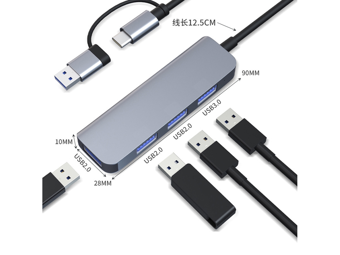 Leitor de Cartão Sd Usb 3.0, Hub Usb a e C 4 em 1 em Alumínio com Extensor Usb para Pc AQUAFORGE