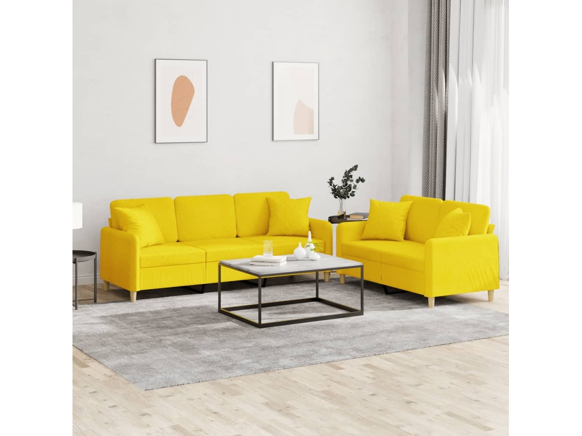 Vidaxl 2 Pcs Conjunto De Sofás Com Almofadas Tecido Amarelo-claro