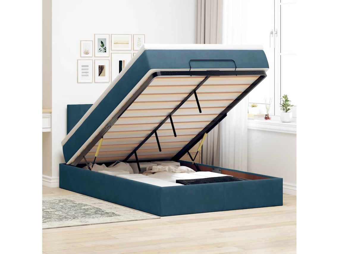 Vidaxl Estrutura De Cama Otomana Colchão 120x200 Cm Veludo Azul Escuro