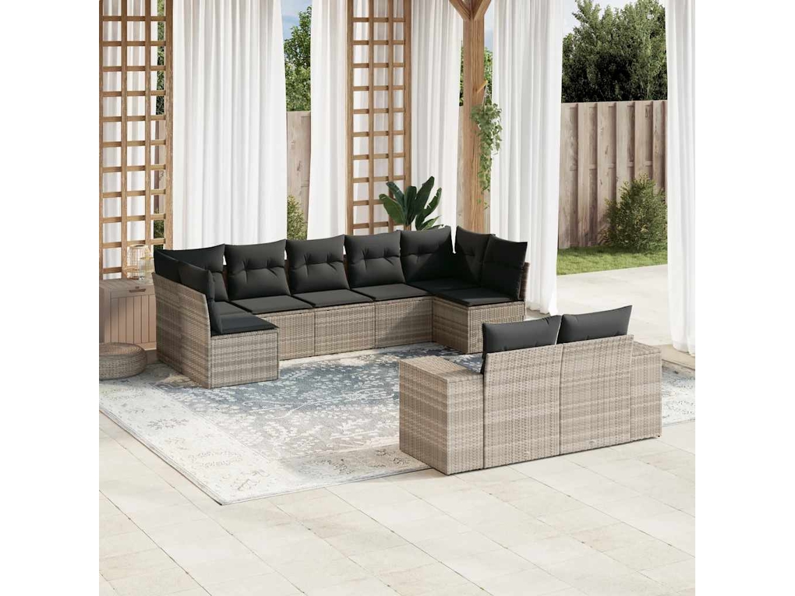 Vidaxl 9 Pcs Conj. Sofás Jardim com Almofadões Vime Pe Cinzento claro