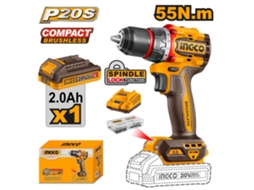 Parafusadeira 20v Brushless 55nm 1 Bat 2a Ca Mala Refª Cdli205582e Ingco