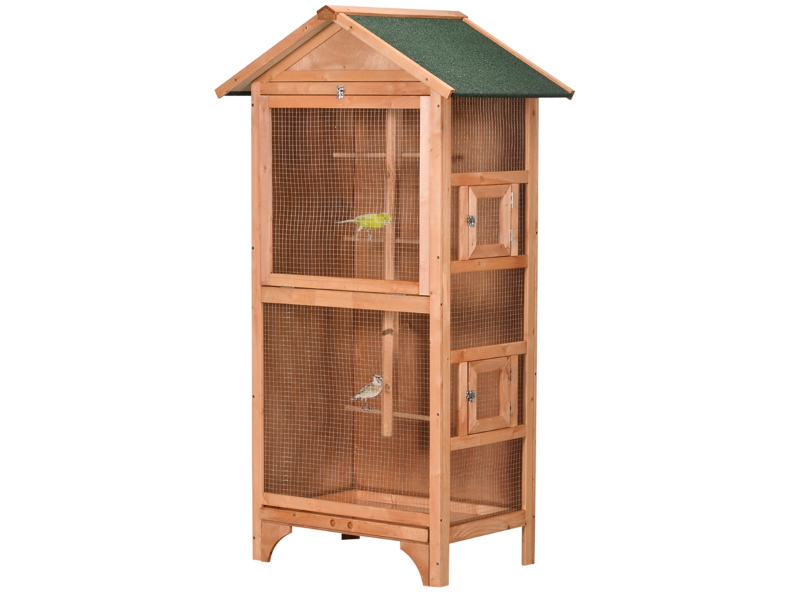 Gaiola Para Pássaros De Madeira Com 3 Portas 4 Poleiros Bandeja Amovível E Teto Asfáltico 80.5x57x153 Cm Natural