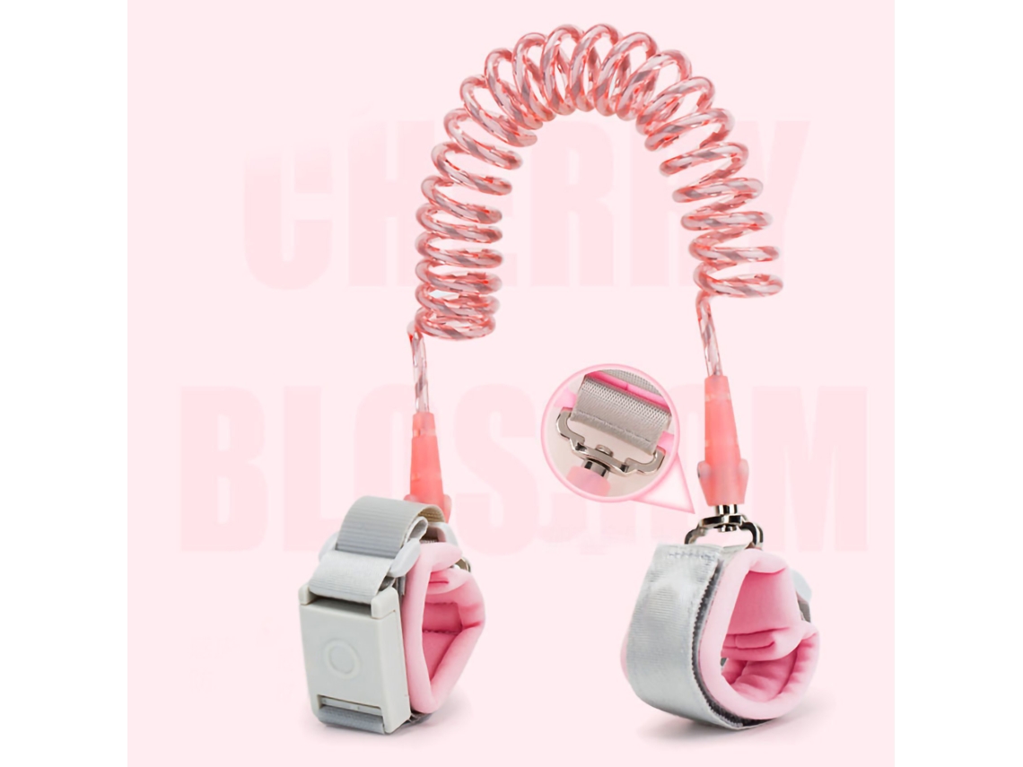 Mali cordão de Pulso Anti perdas Infantil com Trava por Indução Reflectivo Giratório 360° Rosa Sakura 1.5m