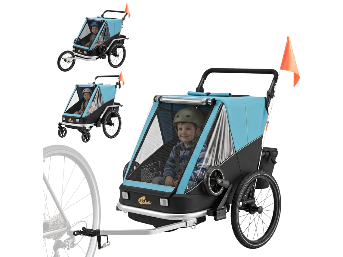 Carrinho Reboque Dobrável Para Bicicleta 2 Lugares Com Assento Ajustável E Cintos Em Material Resistente E Funcional