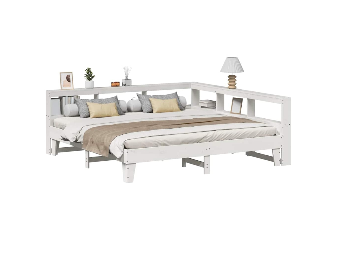 Cama Com Estante Sem Colchão 200x200 Cm Pinho Maciço Branco