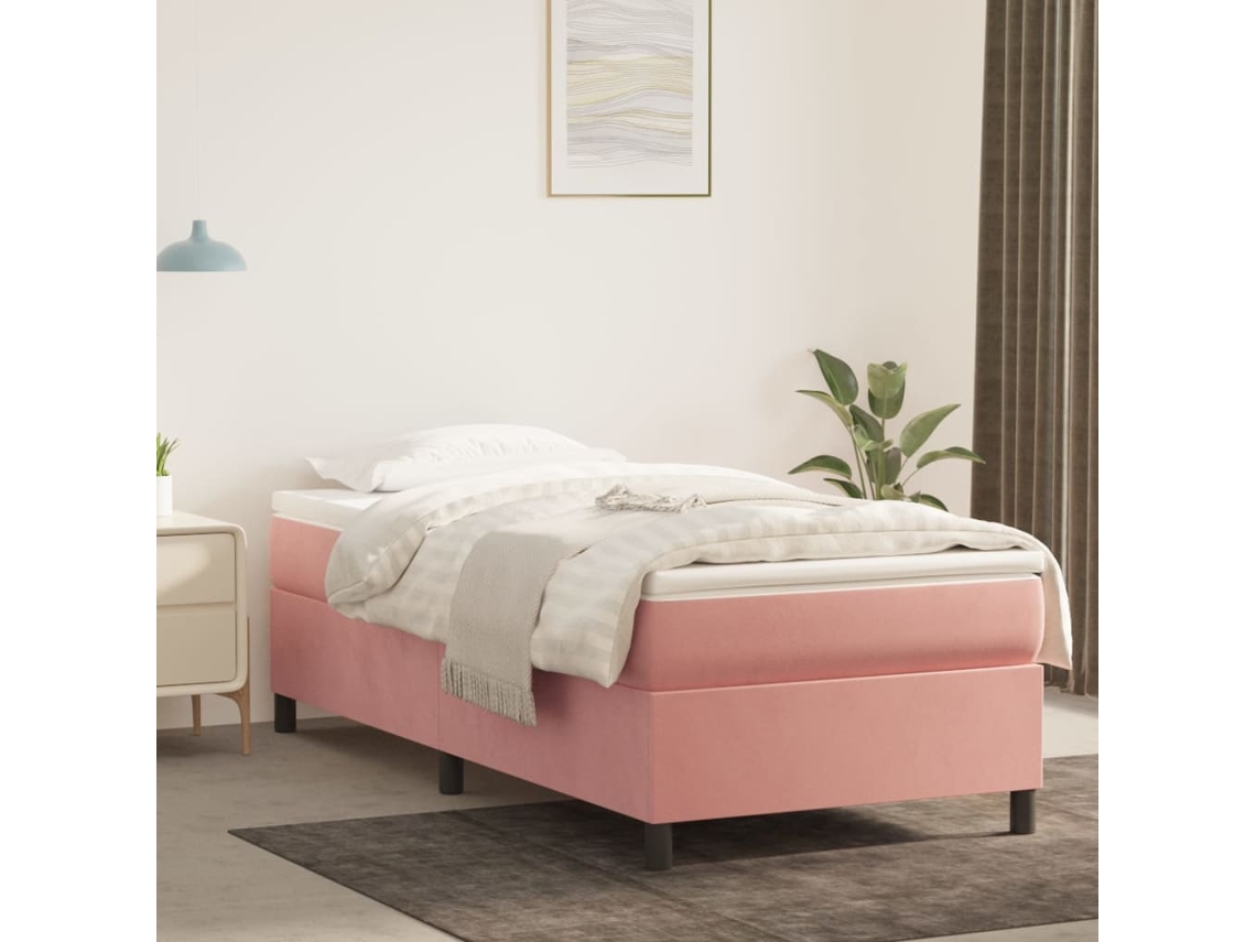 Cama Com Molas/colchão 100x200 Cm Veludo Rosa