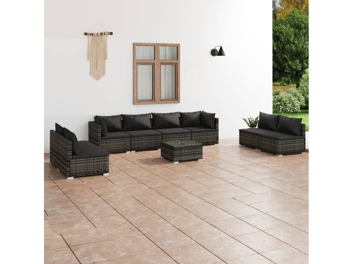 Vidaxl 9 Pcs Conjunto Lounge De Jardim C/ Almofadões Vime Pe Cinzento