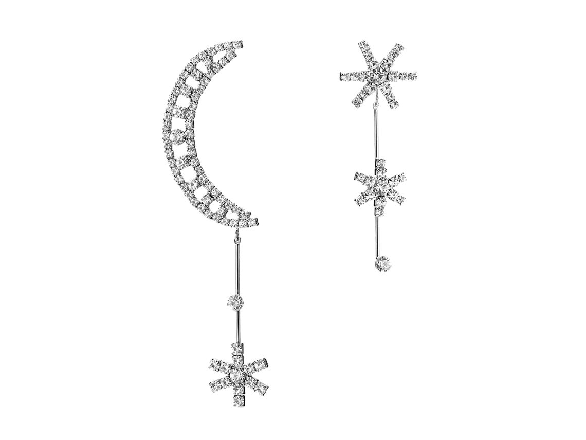 Brinco Pendente Longo Com Pedras Strass Lua Estrela Decoração