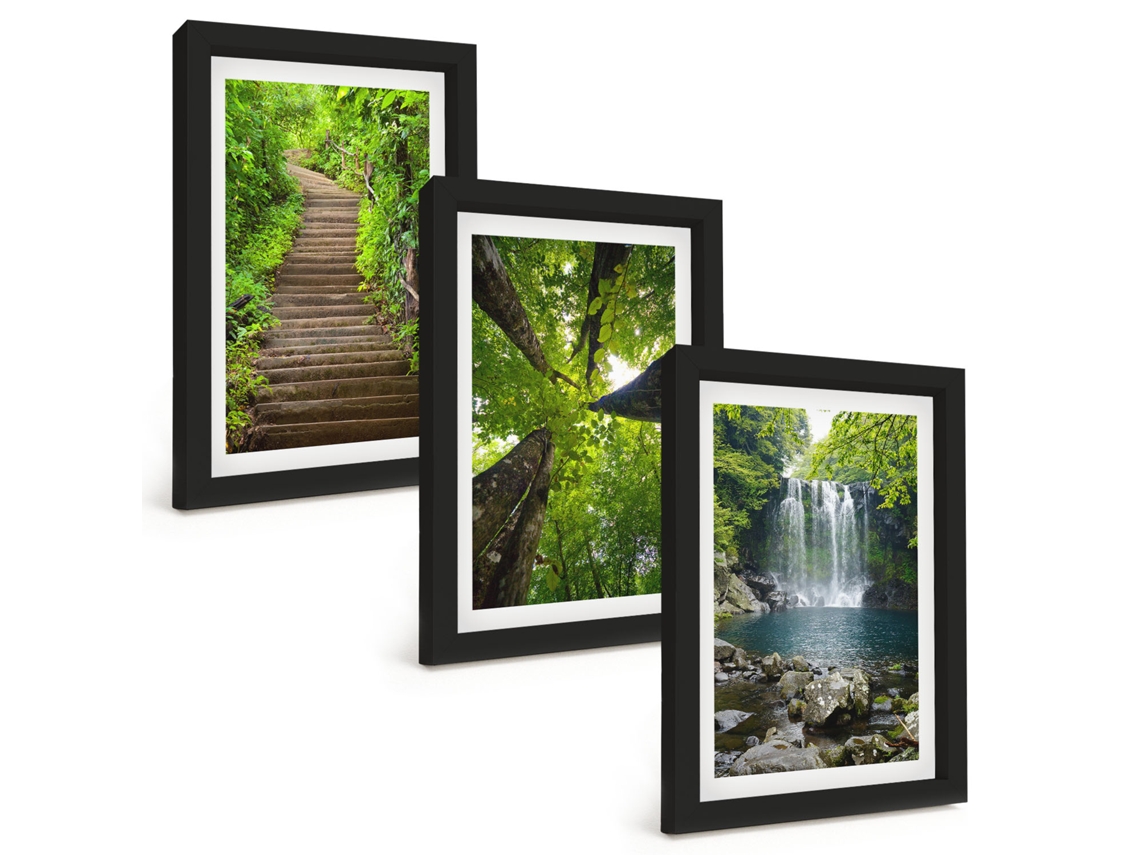 Conjunto De Pinturascaminho, Floresta, Cachoeira, Vegetação Moldura Preta Quadros Para A Sala De Estar Espelharte (3 Peças 20x30 Cm)