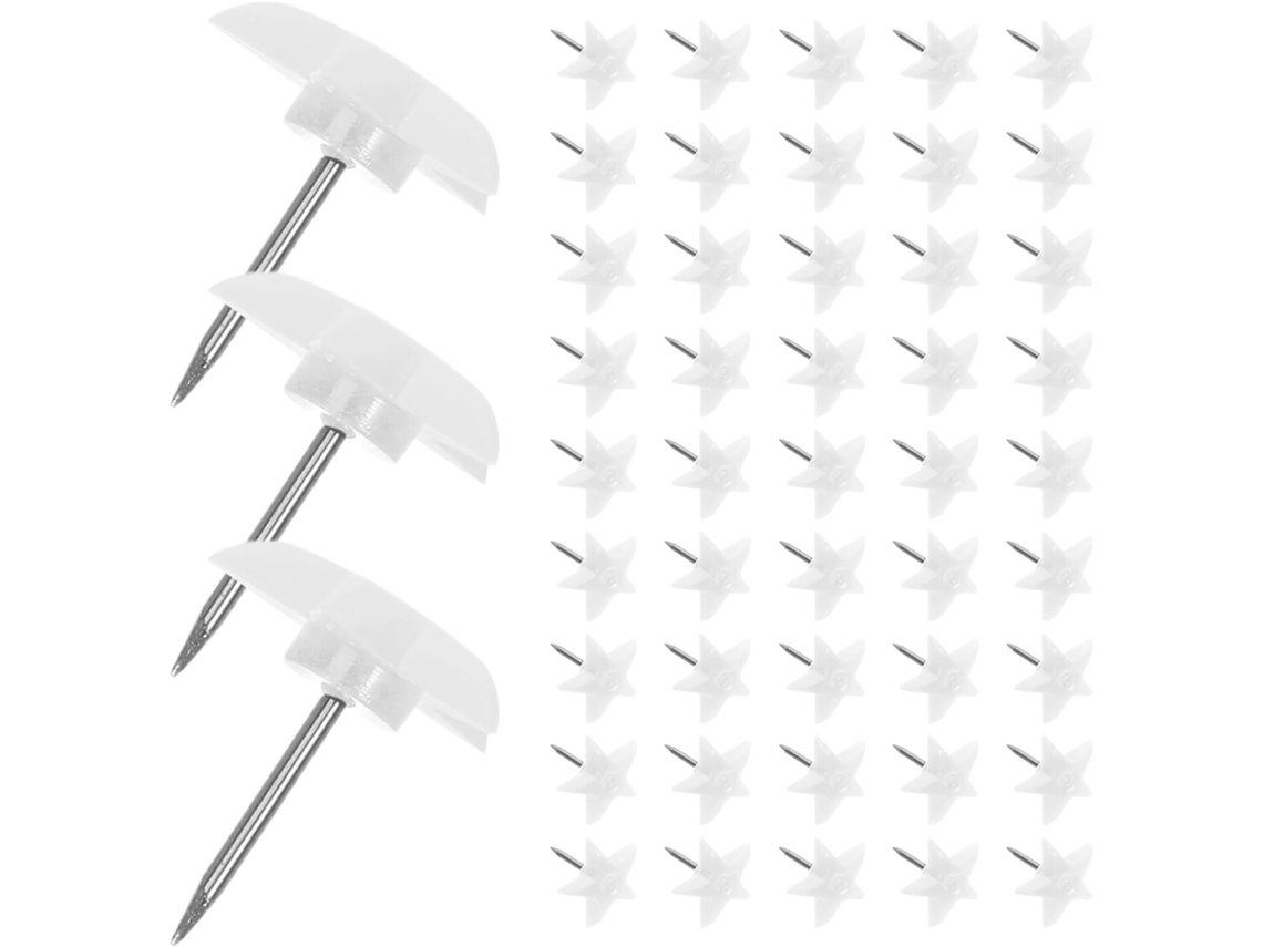 Conjunto Heallily de 50 tachinas brancas de cinco pontas, feitas de plástico e metal, duráveis e decorativas para uso doméstico.