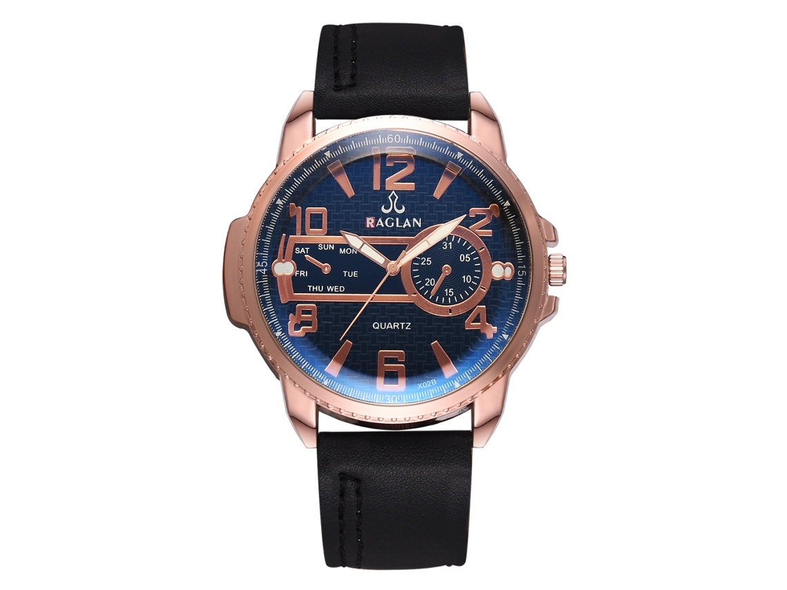 Relógio masculino de quartzo com pulseira de PU, caixa em ouro rosa, mostrador azul e pulseira preta.
