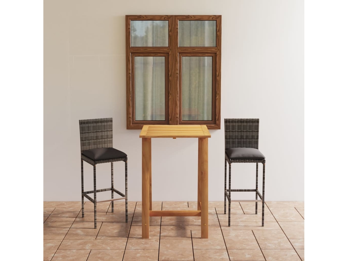 Vidaxl 3 Pcs Conjunto De Bar Para Jardim Com Almofadões Cinzento