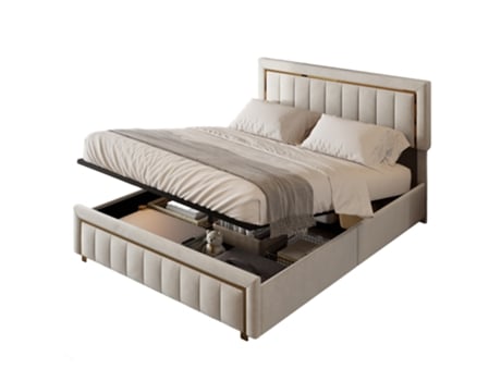 Cama Estofada De 140x200 Cm Com Arrumação Hidráulica, Tecido De Flanela Cor Creme, Linhas Verticais E Bordas Douradas, Cama De Casal Moderna Mexus