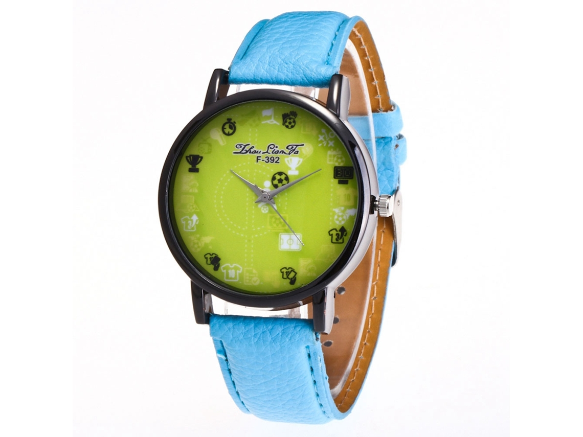 Relógio de pulso esportivo moderno com mecanismo de quartzo, ideal para estudantes, com pulseira de couro azul claro.