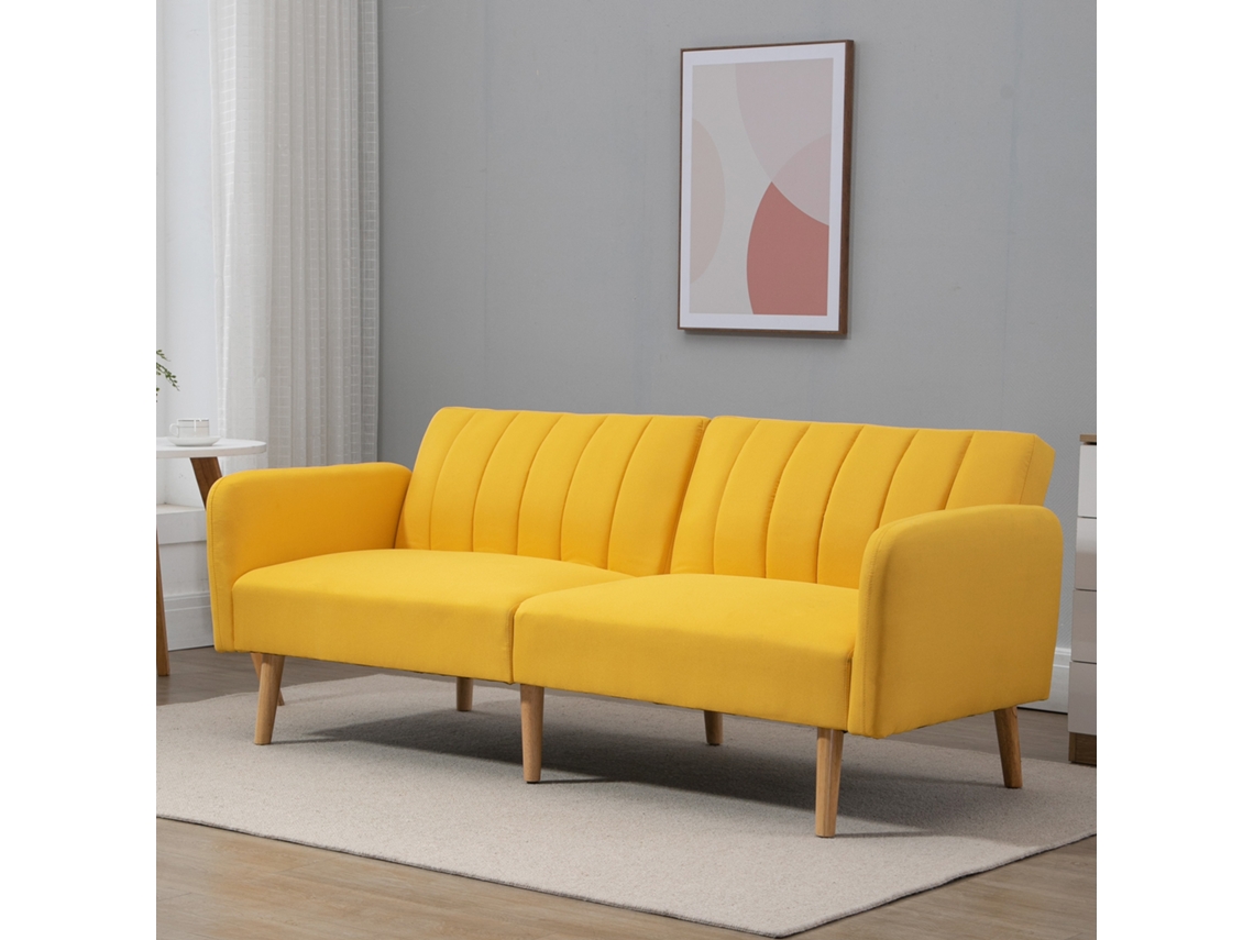 Sofá cama para 2 pessoas, 3 posições, braços removíveis, Pés de Madeira, 173x75x73cm, na Cor Amarelo