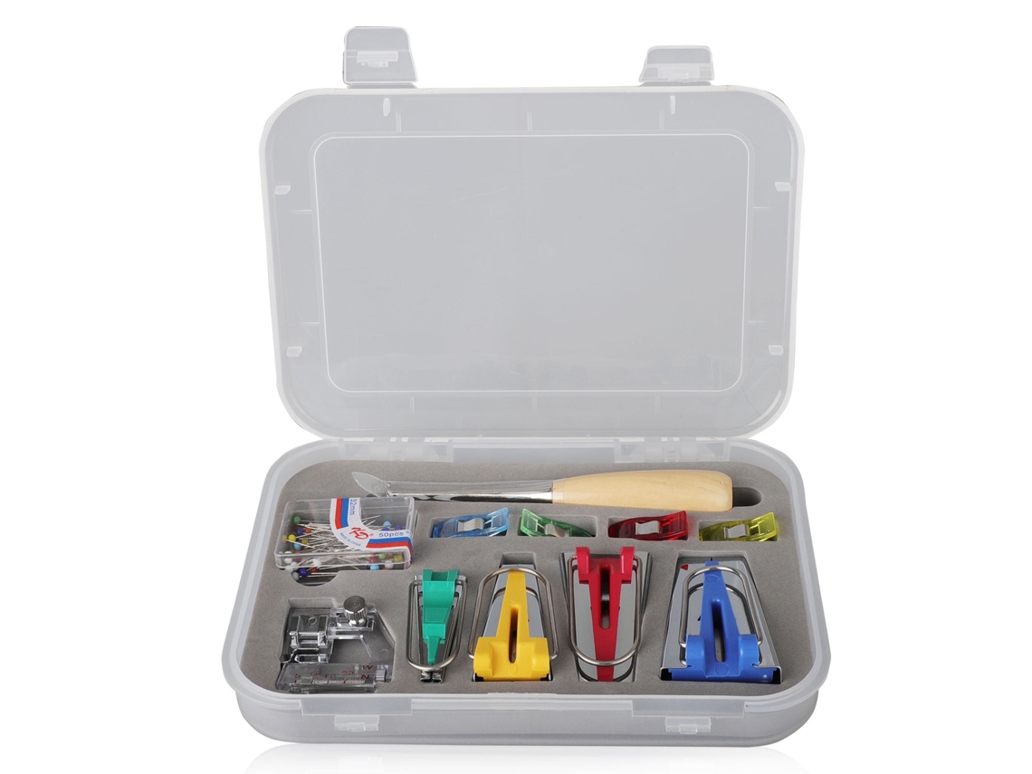 Kit De Fita Viés 5 Tamanhos, Pé Para Borda, Grampos, Furador, Alfinetes Para Costura