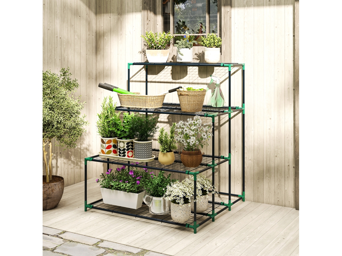 Suporte para Plantas de 4 Níveis com Design de Escada e Estrutura Metálica Resistente para Uso Interno e Externo (verde)