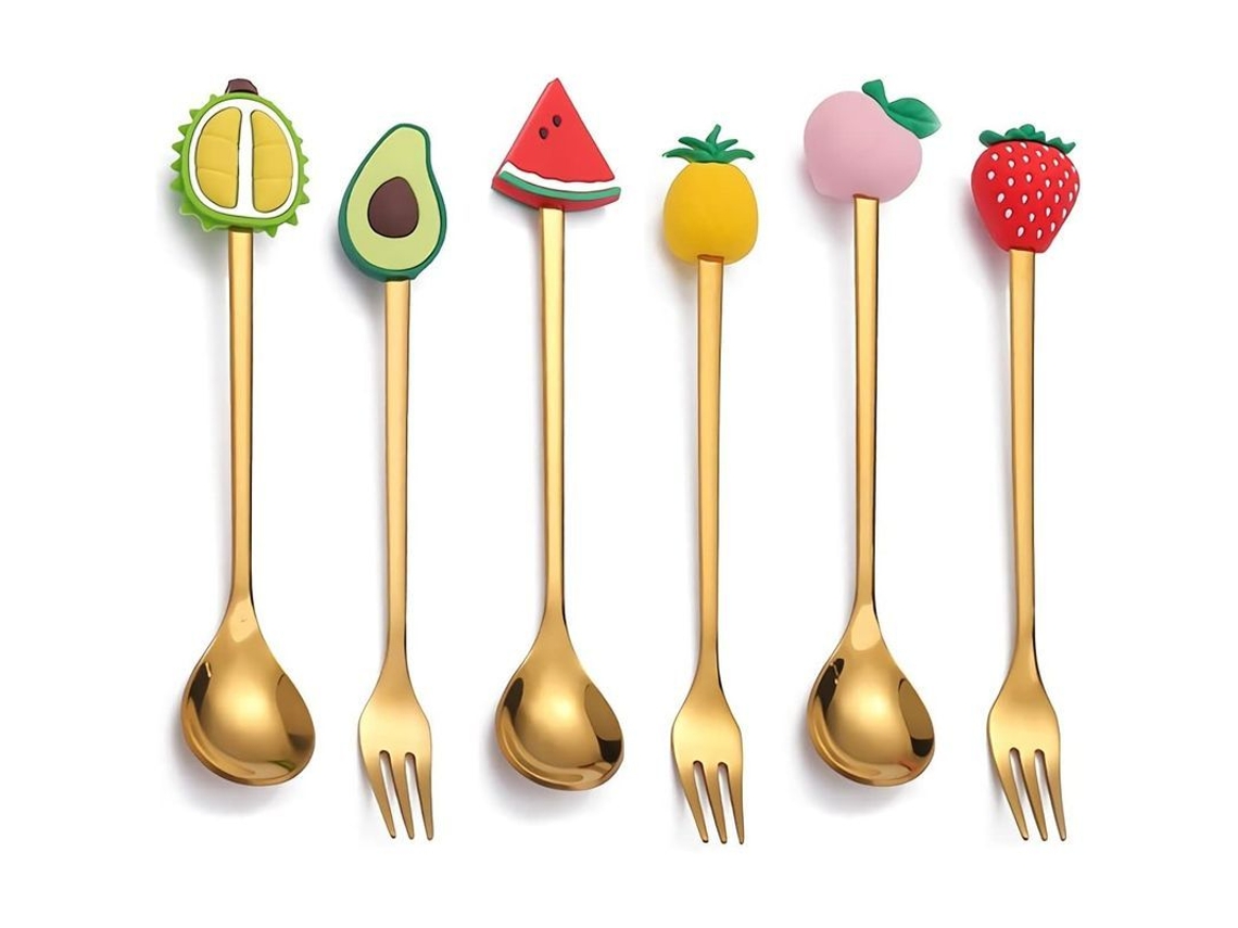 2026 set Linjou Cucharas Y Tenedores de Postre Frutas Bonitas, 3 Cucharas de Café Y 3 Tenedores de Postre Oro