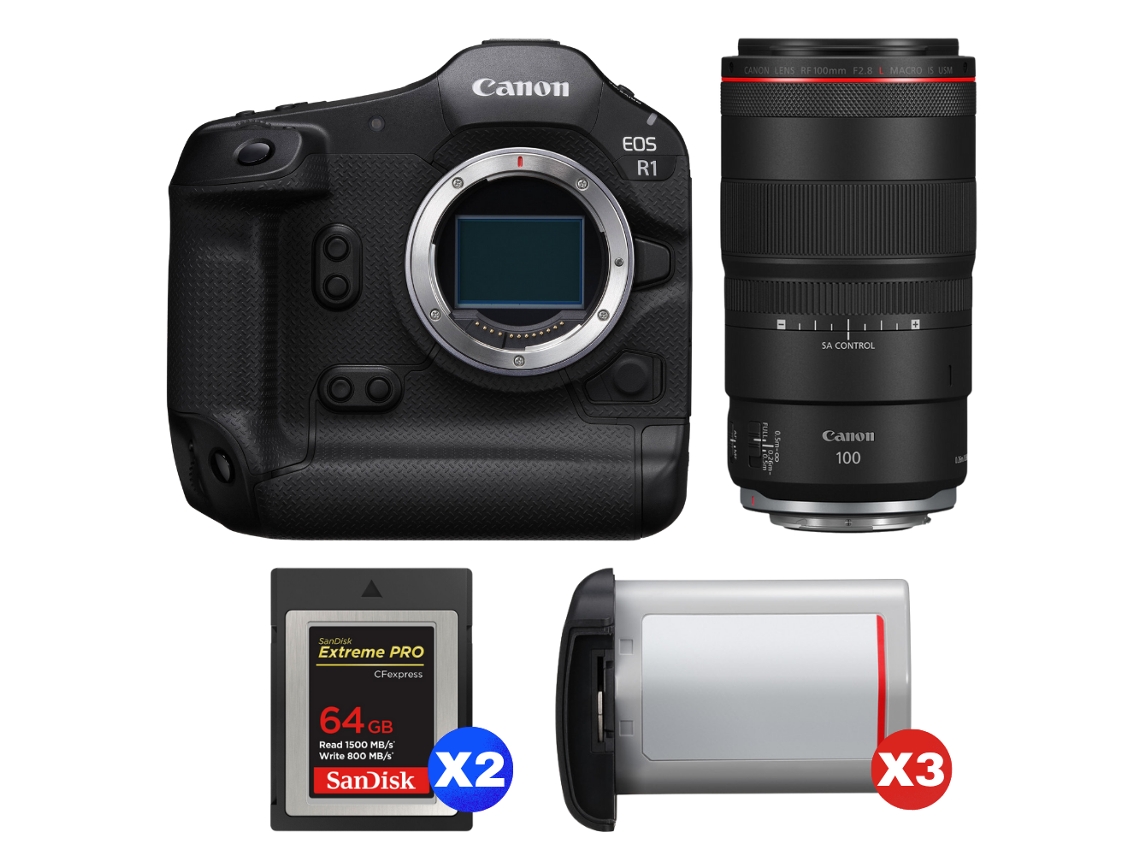 Eos R1 + Rf 100mm F/2.8 L Macro Is Usm + 2 Sandisk 64gb Extreme Pro Cfexpress Type B + 3 Canon Lp e19 + Ebook Pricedirect CANON