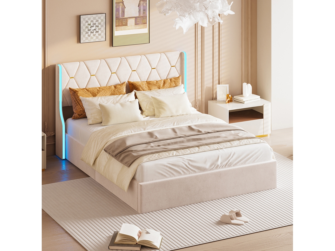 Cama Hidráulica 160x200 Bege em Veludo, com Baú de Arrumação, Estrado de Ripas e Cabeceira Led. Encosto em Madeira Maciça, Colchão Não Incluído