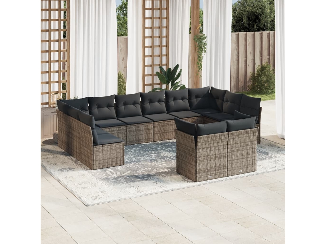 Vidaxl 12 Pcs Conjunto de Sofás Jardim C/ Almofadões Vime Pe Cinzento