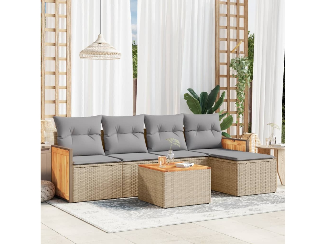 Vidaxl 6 Pcs Conjunto De Sofás P/ Jardim Com Almofadões Vime Pe Bege