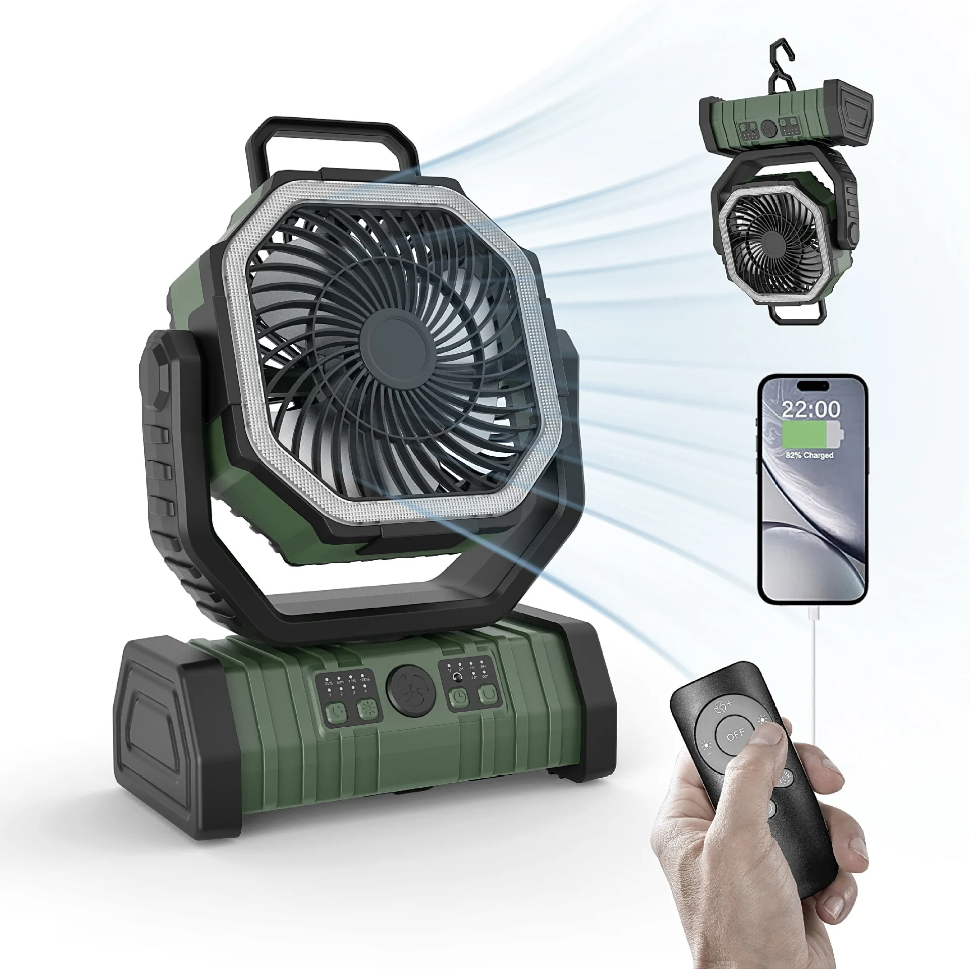 Ventilador de resfriamento por spray magnético (verde militar, 2 W mAh), recarregável, com fluxo de ar de 360°.