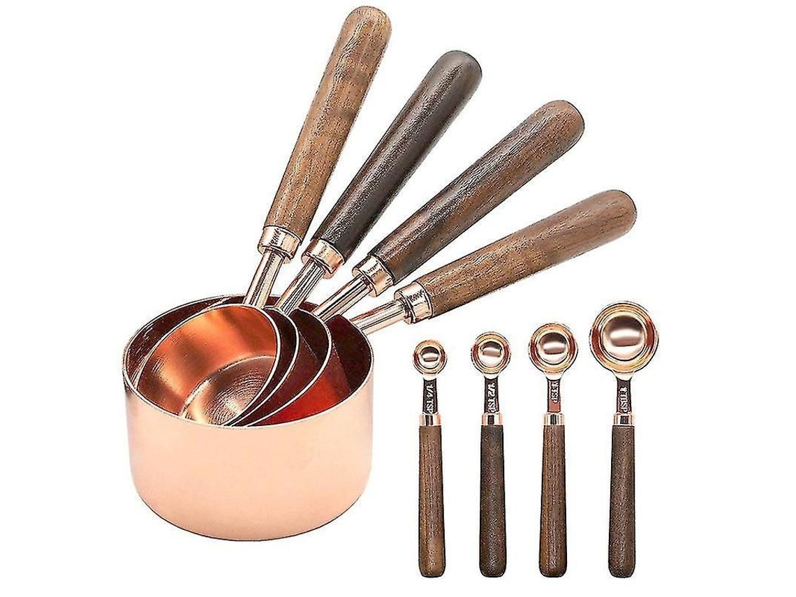Set De Vasos E Colheres Medidoras Com Cabo De Madeira De Noz Para Cozinha E Confeitaria Aço Inoxidável 304